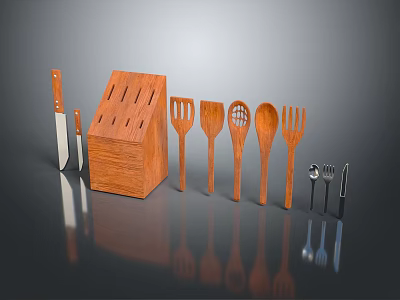 Wooden Kitchen Utensils Set With Knife Block Spatula Ladle And Cooking Tools 3d model