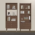 Two Modern Wooden Bookcases With Shelves And Drawers Holding Books Decorative Items And Radio