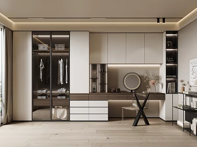 Modern Walk in Closet With Glass Doors And Dressing Table 3d model
