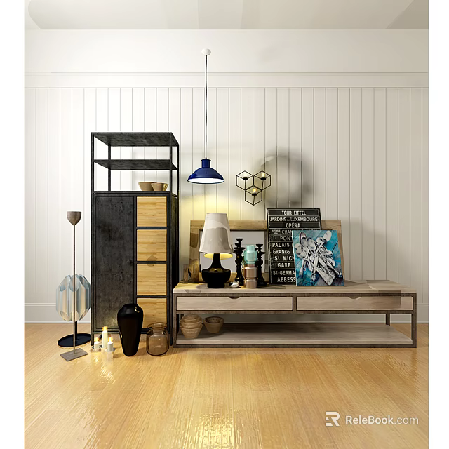 Modern TV Stand With Wooden Metal Frame And Decorative Lamps Vases Picture Frames Geometric Art 3d model 