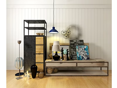 Modern TV Stand With Wooden Metal Frame And Decorative Lamps Vases Picture Frames Geometric Art 3d model