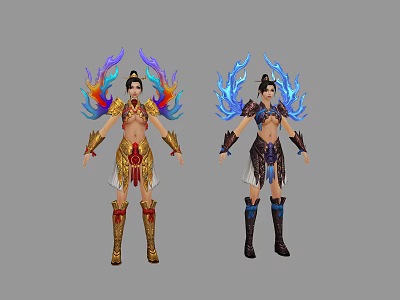 Colorful and Blue Winged Game and Movie Characters in Gold and Dark Costumes 3d model