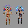 Colorful and Blue Winged Game and Movie Characters in Gold and Dark Costumes