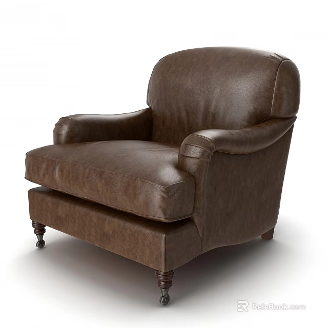 Brown Leather Single Sofa With Comfortable Armrest And Wooden Legs Design 3d model 