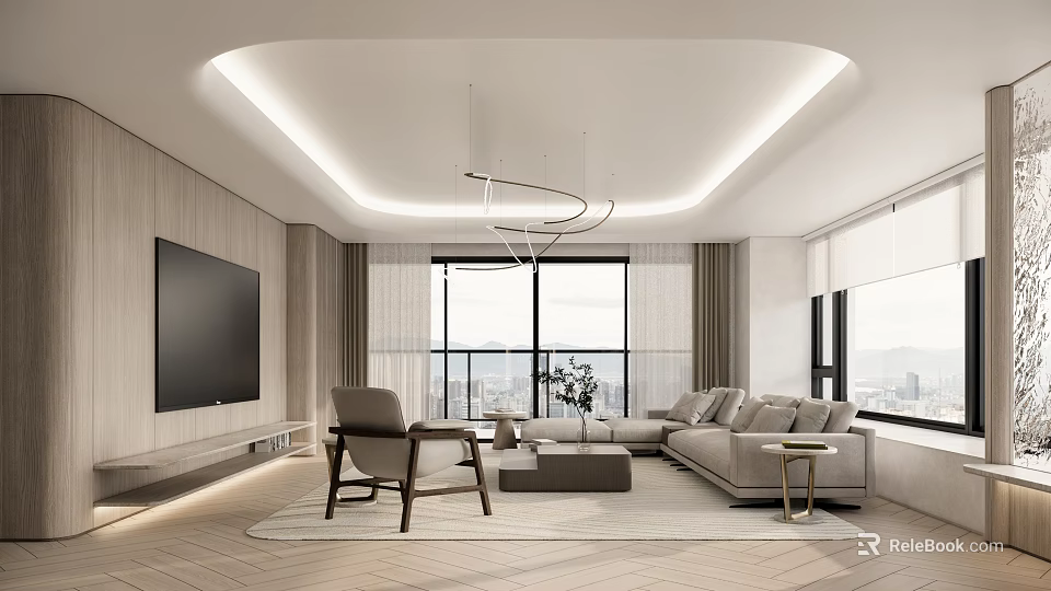 Modern Living Dining Room With Large Windows City View Beige Sofa And Ceiling Light Strips 3d model 