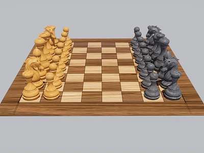 Classic Chess Set on Wooden Chessboard with Black and White Pieces Arranged 3d model