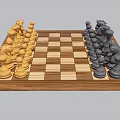 Classic Chess Set on Wooden Chessboard with Black and White Pieces Arranged