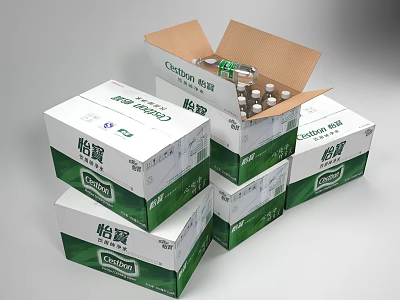 C'estbon Bottled Beverage Stacked Cartons With Open Box And Bottles Inside 3d model