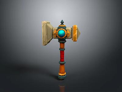 Fantasy Hammer Weapon With Golden Head Blue Gemstone And Red Wrapped Handle 3d model