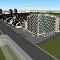 Modern Hotel Building With High Rise Towers Glass Facade Plaza And Fountain
