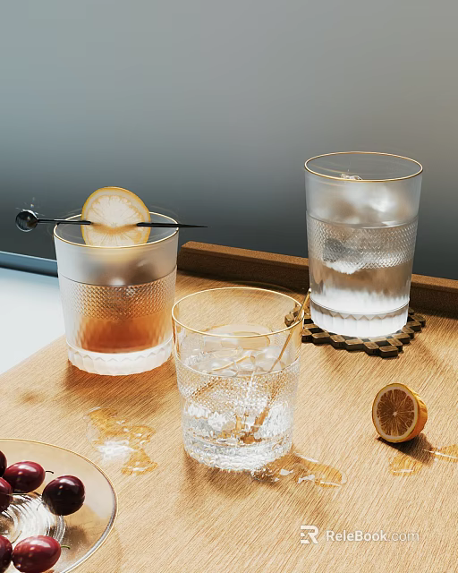 Textured glass cups with ice cubes lemon slice and drinks on wooden tray 3d model 