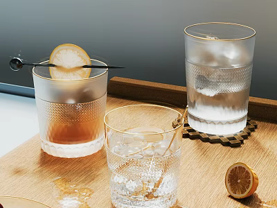 Textured glass cups with ice cubes lemon slice and drinks on wooden tray 3d model