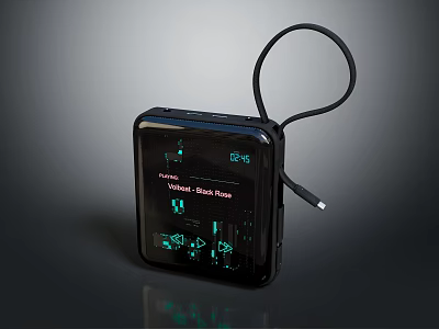 Sleek Modern Black Headphone Speaker With Digital Display And Connecting Cable 3d model