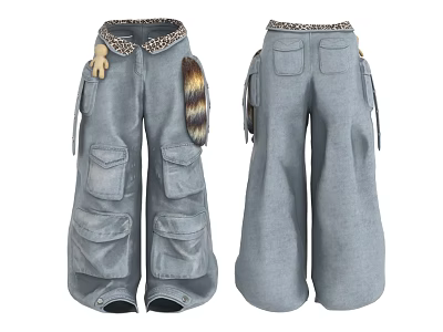 Gray Wide Leg Pants With Multiple Pockets Leopard Print Waistband And Furry Tail Accessory 3d model