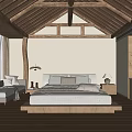 Minimalist Hotel Guest Room with Wooden Ceiling Flooring Platform Bed Daybed and Natural Light Window