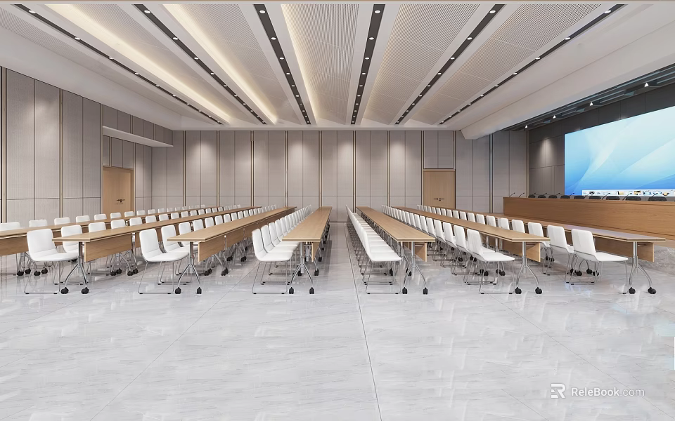 Spacious Modern Conference Room with Long Tables White Chairs Ceiling Lights and Large Screen 3d model 
