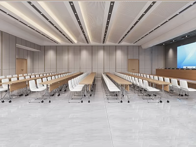 Spacious Modern Conference Room with Long Tables White Chairs Ceiling Lights and Large Screen 3d model