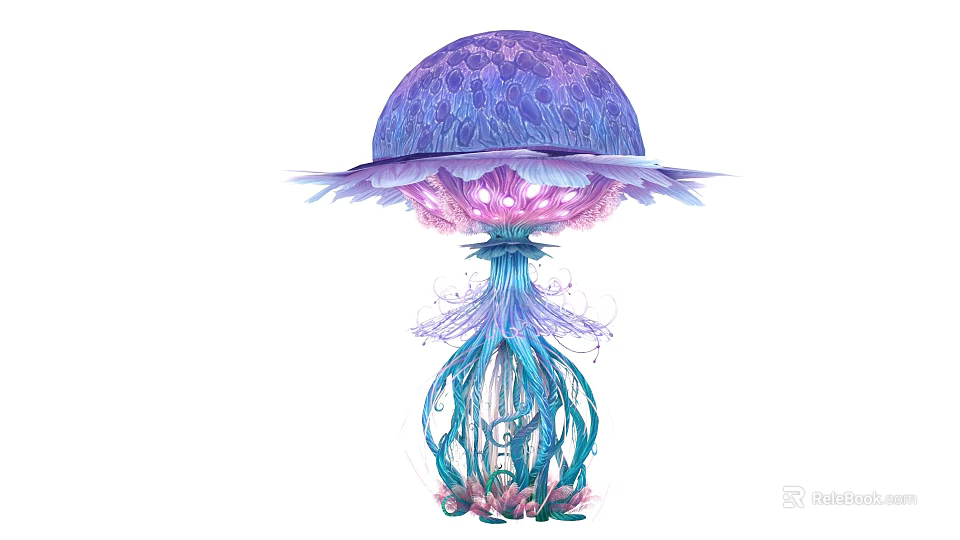 Colorful Glowing Jellyfish With Purple Umbrella Pink Center And Teal Tentacles 3d model 