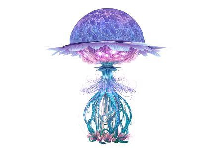 Colorful Glowing Jellyfish With Purple Umbrella Pink Center And Teal Tentacles 3d model