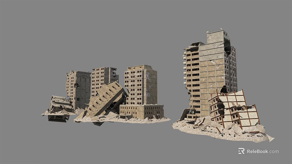 Collapsed Building Structures Featuring Damaged Multi Storey Buildings And Rubble 3d model 