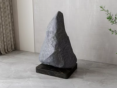 Irregular Shaped Gray Stone Sculpture On Black Base With Gray Wall Floor And Plant Nearby 3d model