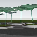Green Lotus Leaf Shaped Landscape Sculpture In Park With People Walking Greenery And Pool