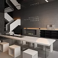 Modern Teahouse Healing Through Tea With White Long Table Stools Staircase And Fireplace