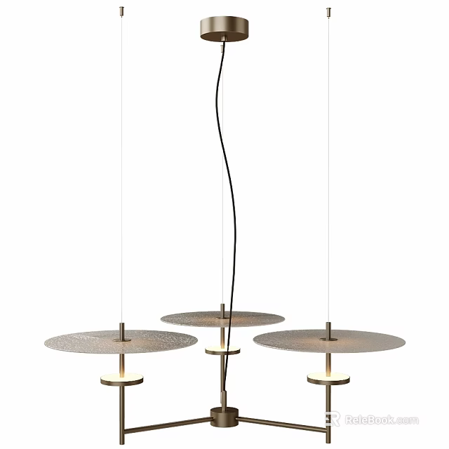 Modern Hanging Chandelier With Three Round Metal Disc Shades And Brass Bases 3d model 