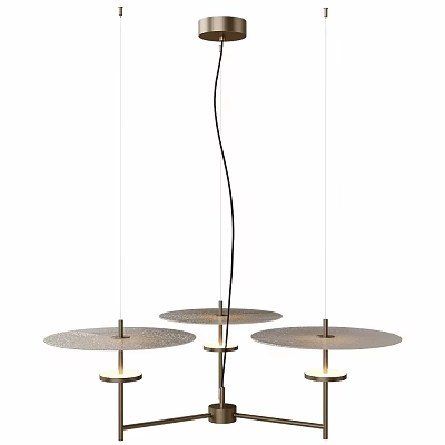 Modern Hanging Chandelier With Three Round Metal Disc Shades And Brass Bases 3d model