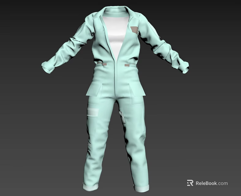 Light Green Workwear Jumpsuit With Long Sleeves Zipper Closure And Pockets 3d model 