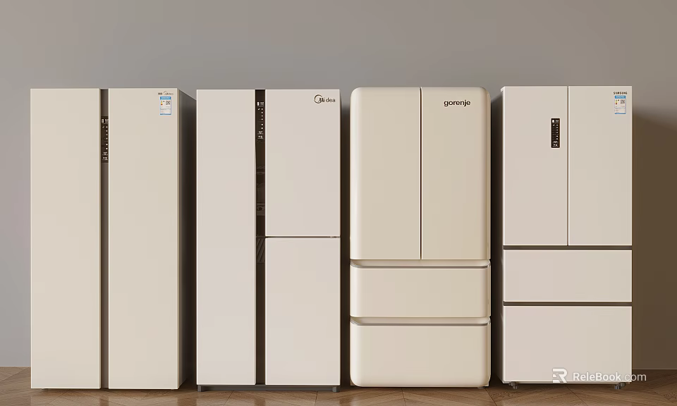 Modern White Refrigerators With Different Door Styles And Sleek Exteriors Arranged In A Row 3d model 
