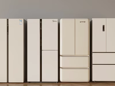 Modern White Refrigerators With Different Door Styles And Sleek Exteriors Arranged In A Row 3d model