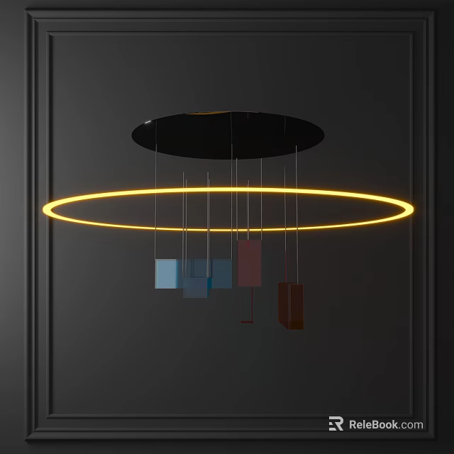 Modern Chandelier Featuring Black Ceiling Base Illuminated Circular Ring And Colorful Hanging Blocks 3d model 