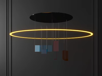 Modern Chandelier Featuring Black Ceiling Base Illuminated Circular Ring And Colorful Hanging Blocks 3d model