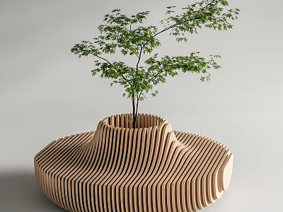 Modern Outdoor Chair With Wooden Slat Structure Featuring Tree In Center For Garden Decor 3d model