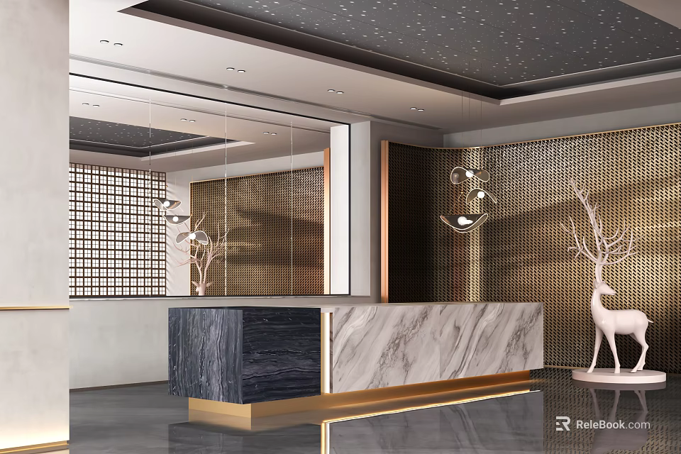 Elegant Modern Reception Desk Design Featuring Marble Countertop Gold Accents And Mirror Elements 3d model 