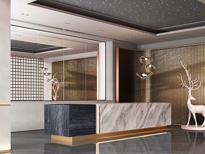 Elegant Modern Reception Desk Design Featuring Marble Countertop Gold Accents And Mirror Elements 3d model