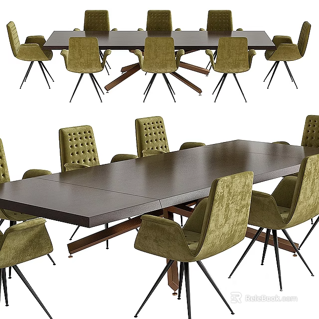 Modern Dining Table And Chair Set With Long Dark Wooden Table And Green Upholstered Chairs 3d model 