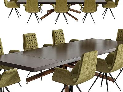 Modern Dining Table And Chair Set With Long Dark Wooden Table And Green Upholstered Chairs 3d model