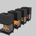Modern Black Freestanding Fireplace With Glass Front And Burning Fire Design