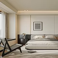 Modern Bedroom Interior Design With Neutral Bed Hanging Lamp Framed Art And Herringbone Rug