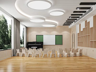 Bright Kindergarten Classroom Interior With Wooden Tables Chairs Green Blackboard And Large Windows 3d model