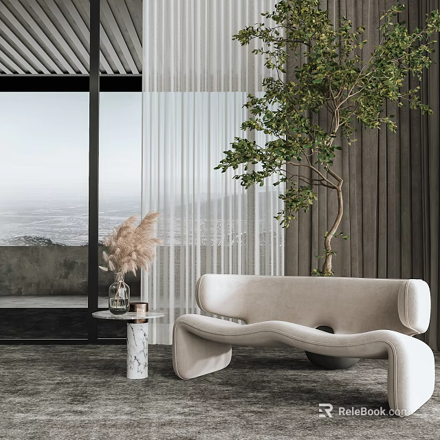 Modern Comfortable Leisure Chair In Indoor Space With Seaside View And Green Plant 3d model 
