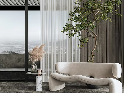 Modern Comfortable Leisure Chair In Indoor Space With Seaside View And Green Plant 3d model