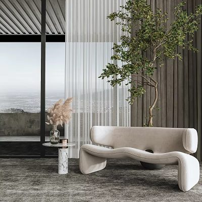 Modern Comfortable Leisure Chair In Indoor Space With Seaside View And Green Plant 3d model