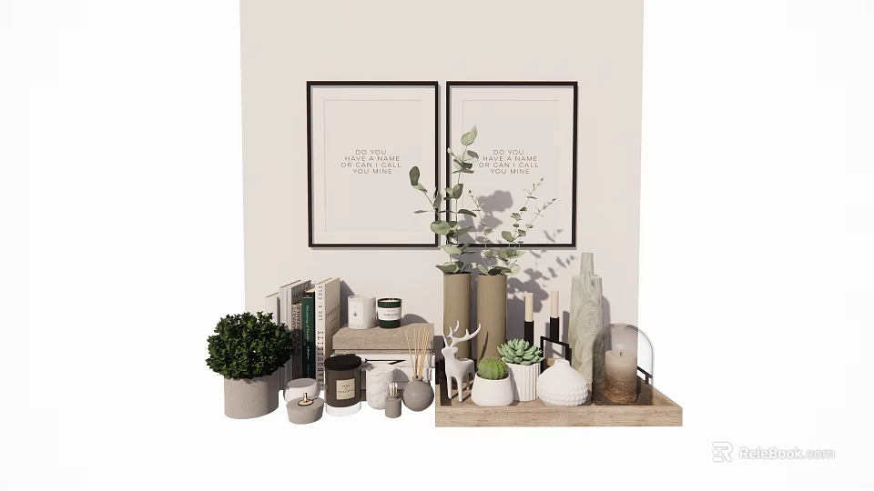 Elegant Decorative Ornament Set With Green Plants Deer Figurine Candles Vases And Books 3d model 