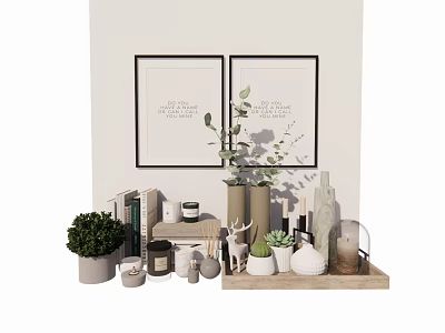 Elegant Decorative Ornament Set With Green Plants Deer Figurine Candles Vases And Books 3d model