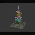 Cartoon Style Five Story Pagoda With Green Roofs And Red Body On Stone Base