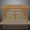 Wooden Pergola Structure With Slatted Roof Supporting Columns And Side Railings