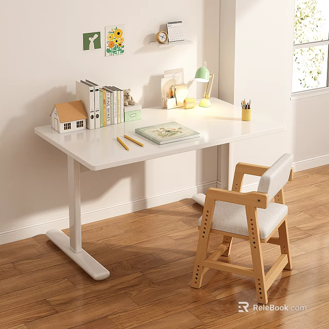 White Height Adjustable Desk With Wooden Chair Lamp Books And Stationery On Wooden Floor 3d model 